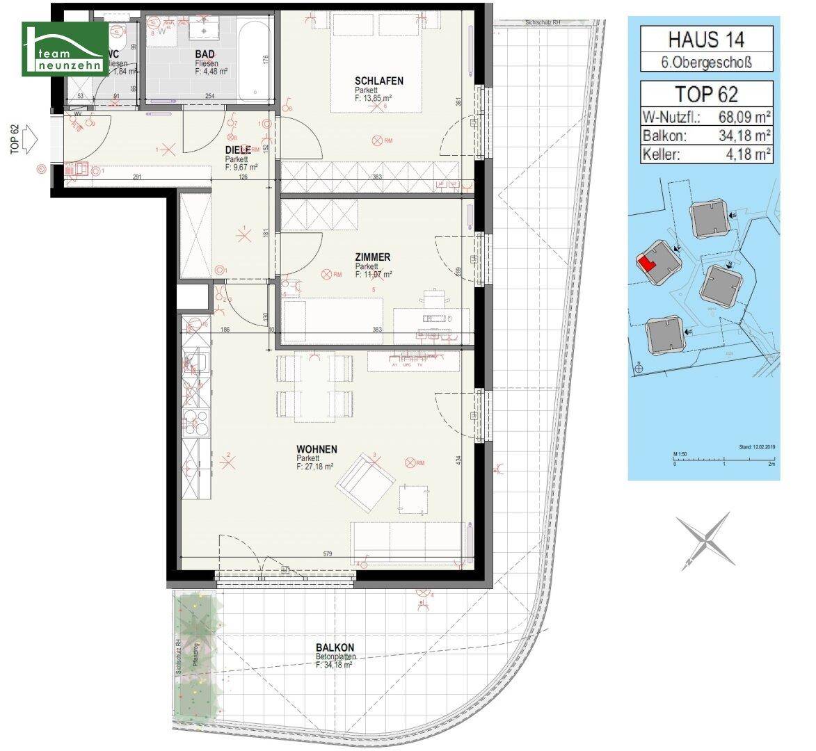 Grundriss einer Wohnung im 6. Obergeschoss mit Balkon und Kellerabteil.
