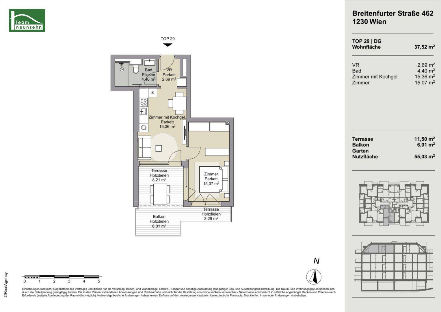 Detaillierter Grundriss einer Wohnung mit Terrasse, Balkon und einer Wohnfläche von 37,52 m².