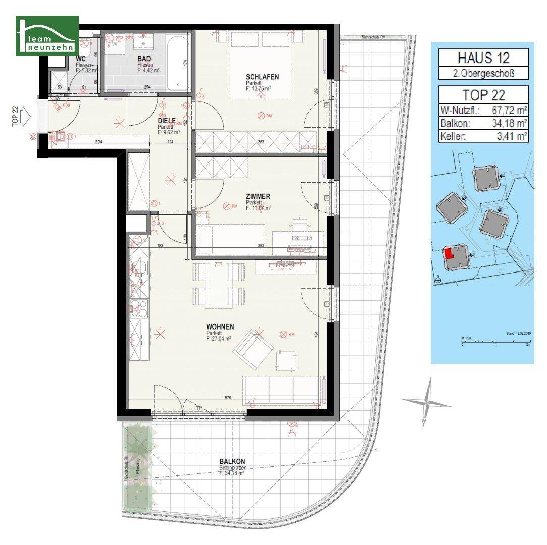 Grundriss der Wohnung "Haus 12, Top 22" mit Wohn-, Schlaf- und Nassbereichen.
