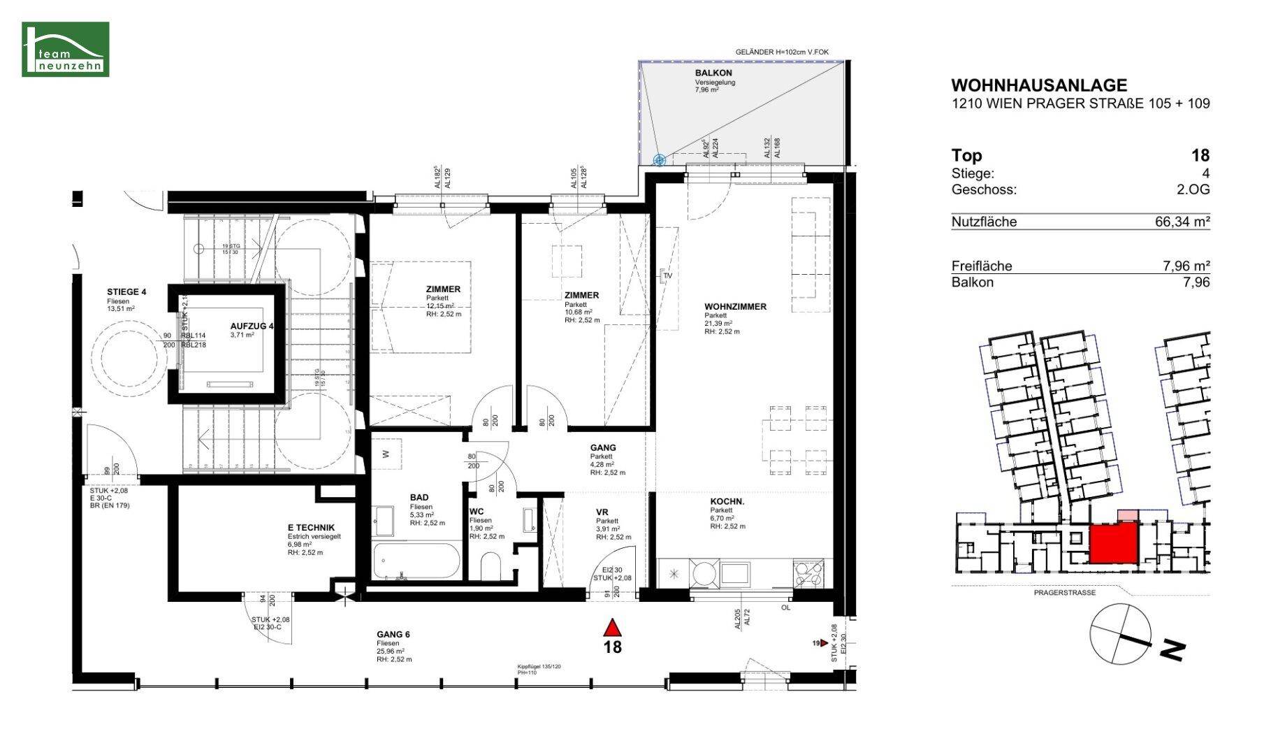 Grundriss der Wohnung Top 18 mit 66,34 m² Nutzfläche und einem 7,96 m² großen Balkon.