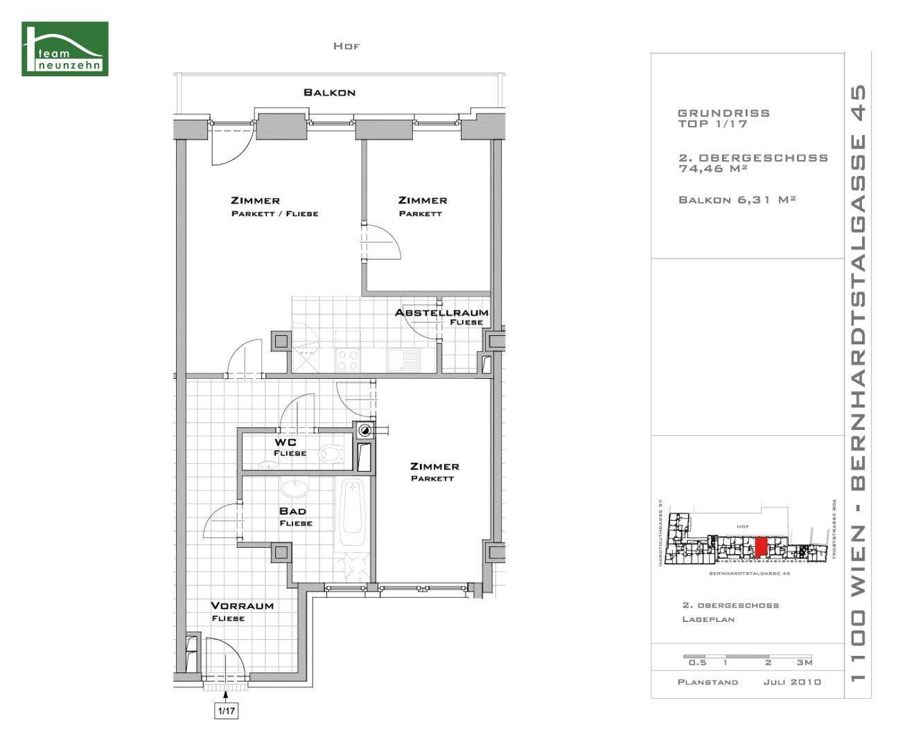 Grundriss einer Wohnung im 2. Obergeschoss mit drei Zimmern, Bad, WC und Balkon.