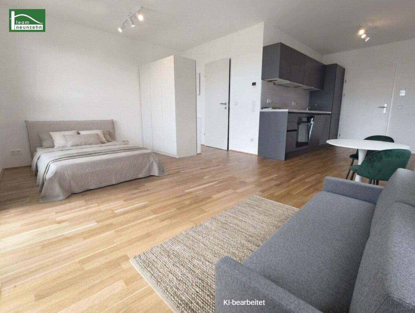 Möblierter offener Wohnbereich mit Schlafbereich, Sofa und integrierter Küchenzeile.