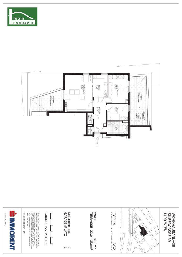Grundriss der Wohnung mit Aufteilung in Wohnbereich, Schlafzimmer und Terrasse.