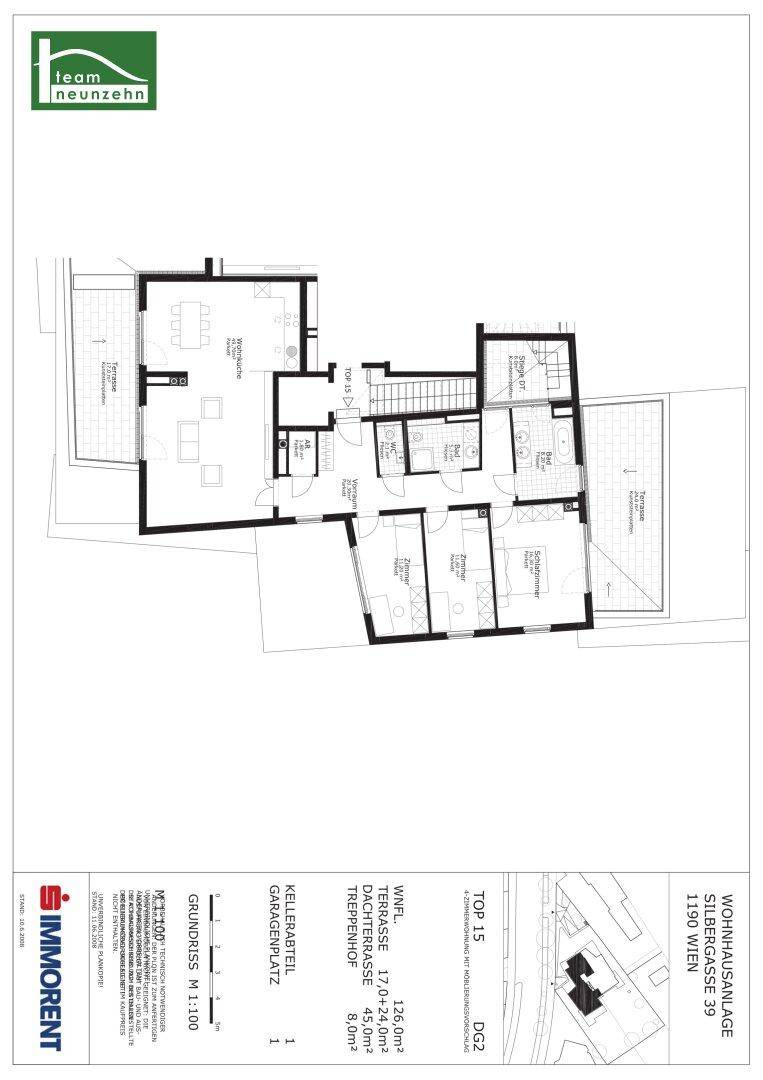 Grundriss der Wohnung mit mehreren Zimmern, Balkon und Dachterrasse.