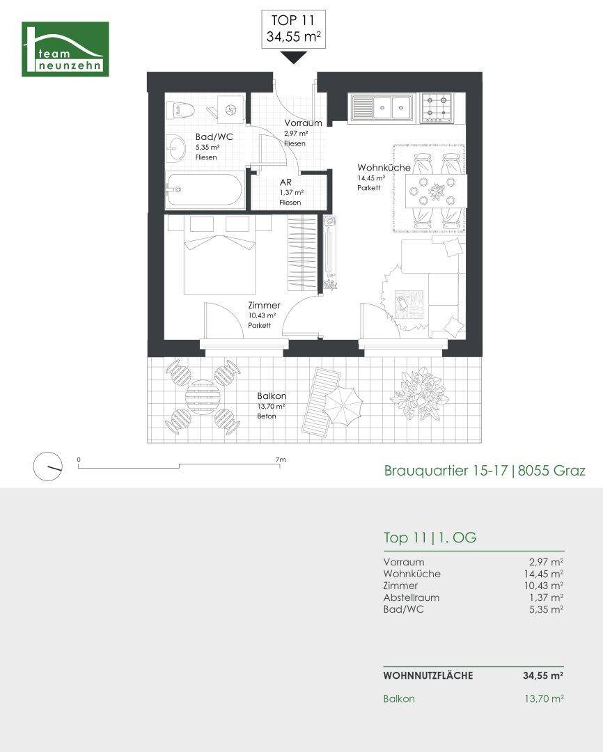 Grundriss der Wohnung TOP 11 mit 34,55 m² Wohnnutzfläche, offenem Wohnbereich und Balkon.