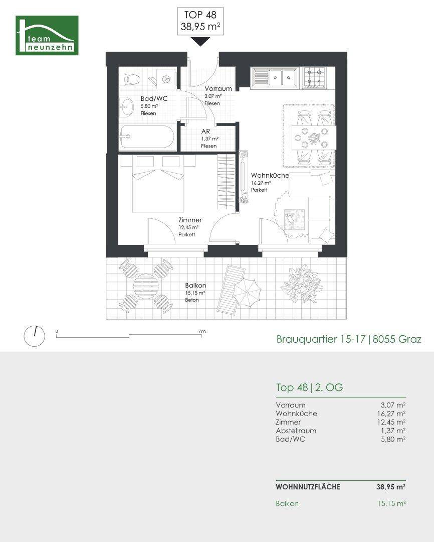 Grundriss der Wohnung Top 48 mit offener Wohnküche, einem Zimmer, Bad/WC und großem Balkon.