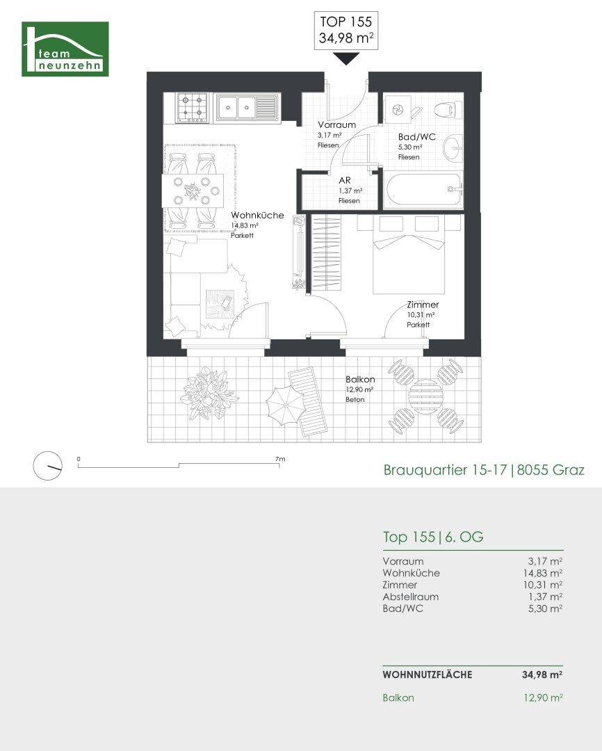 Grundriss einer Wohnung mit offener Wohnküche, einem Schlafzimmer, Bad und einem großzügigen Balkon.