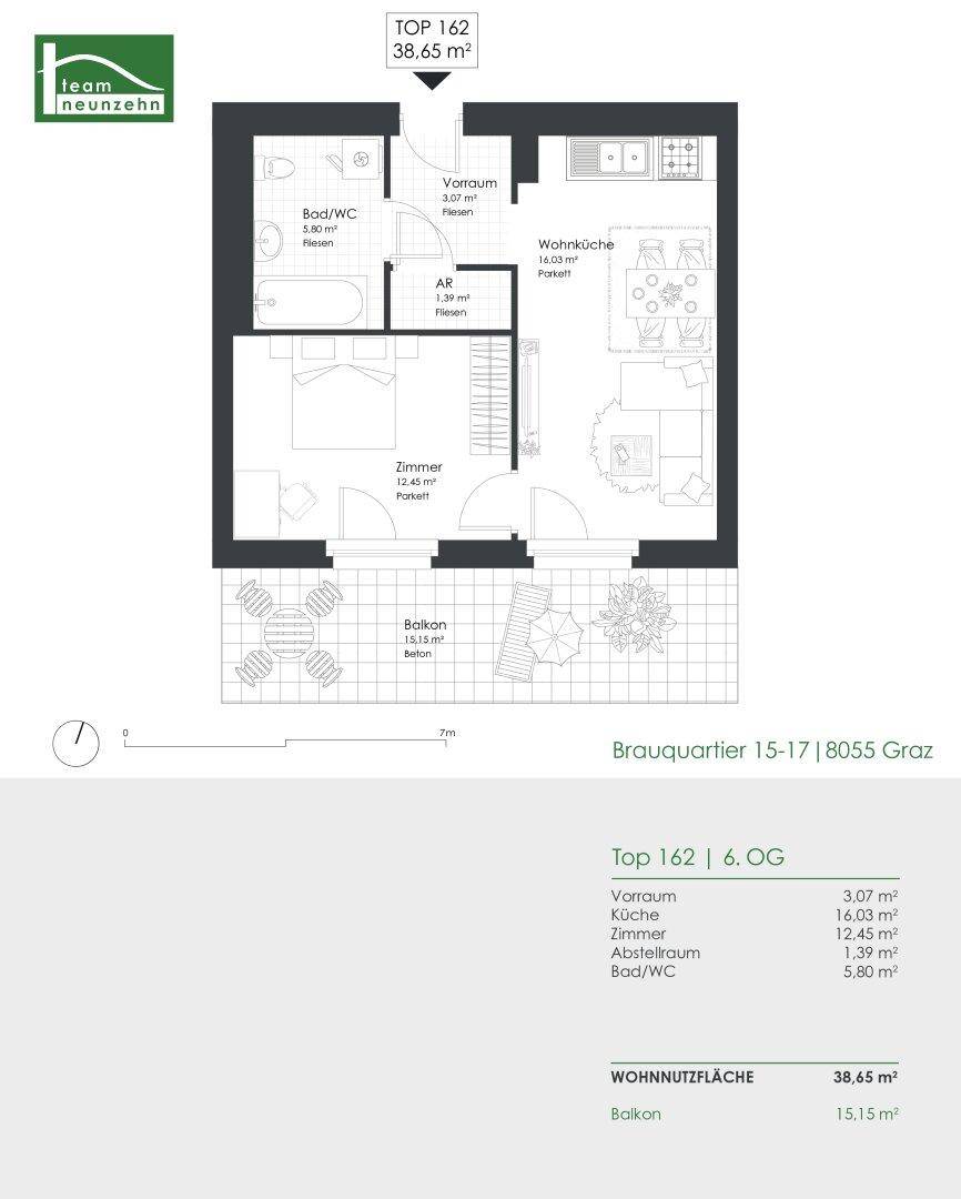 Grundriss der Wohnung Top 162 mit offenem Wohnbereich, Schlafzimmer und Balkon.