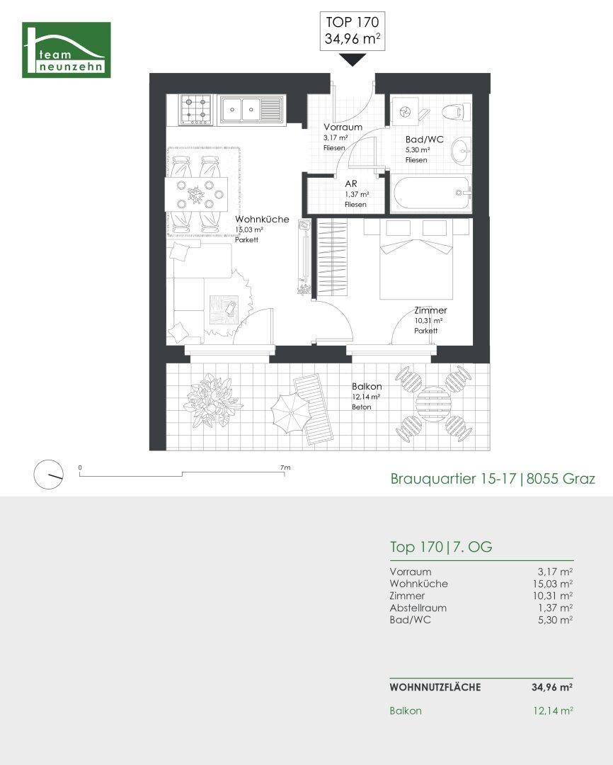 Grundriss einer Wohnung mit offener Wohnküche, einem Schlafzimmer und Balkon.