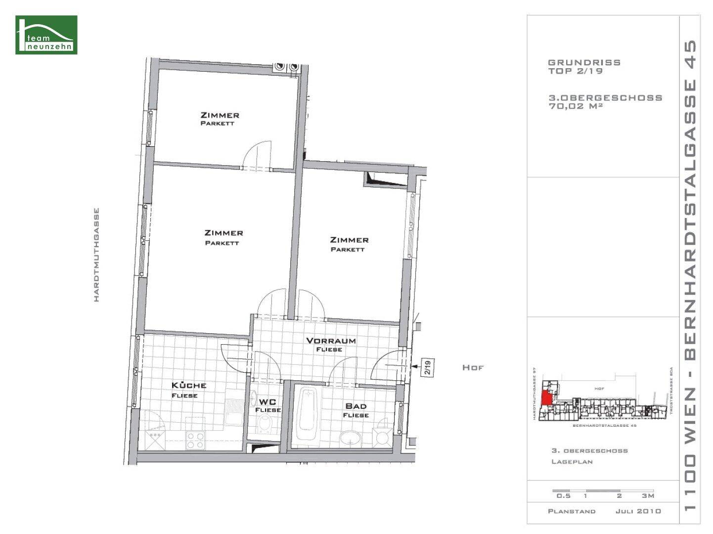 Grundriss der Wohnung im 3. Obergeschoss mit drei Zimmern, Küche, Bad und WC.