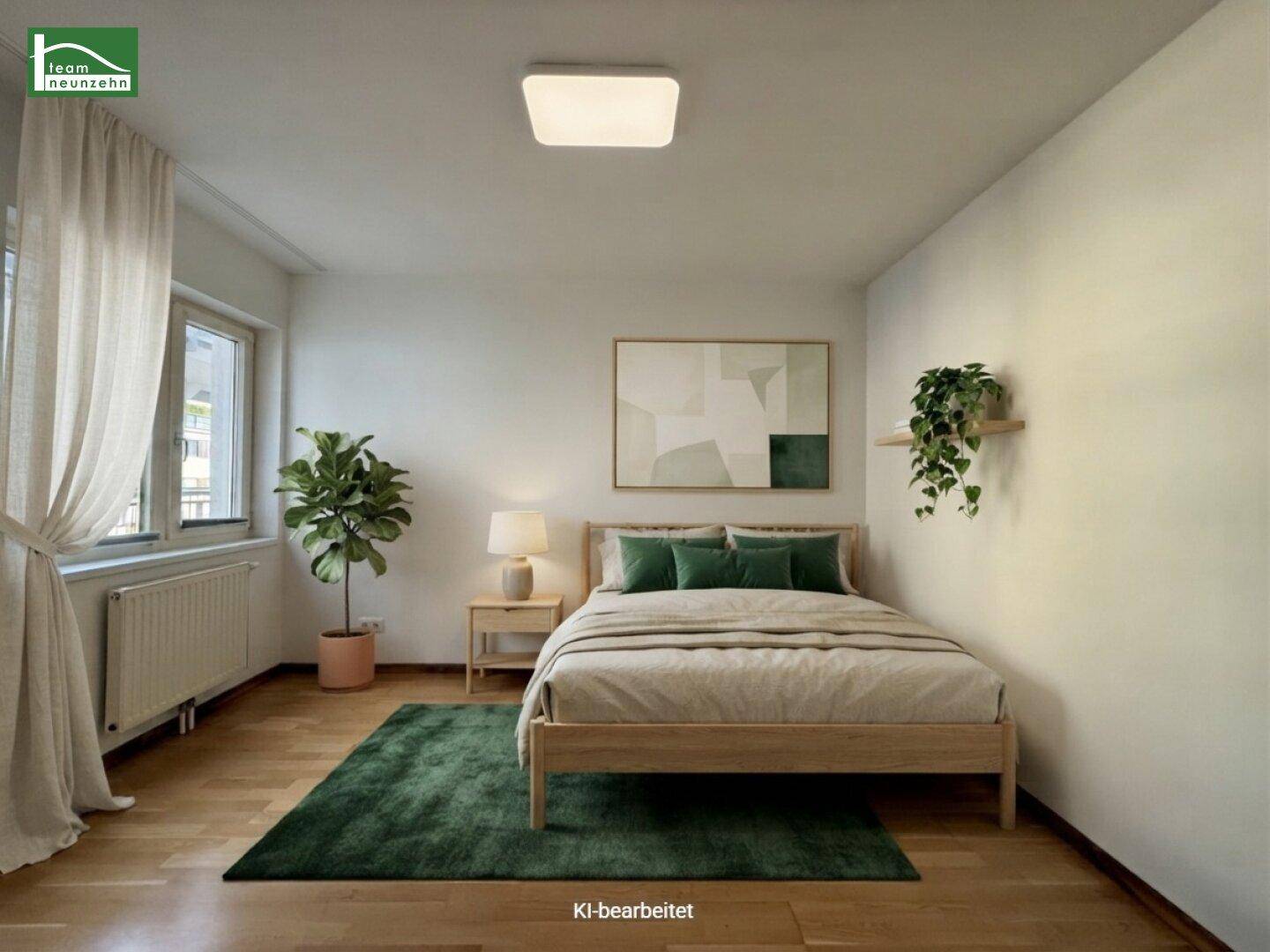 Gemütliches Schlafzimmer mit Holzbett, Parkettboden und moderner Dekoration.