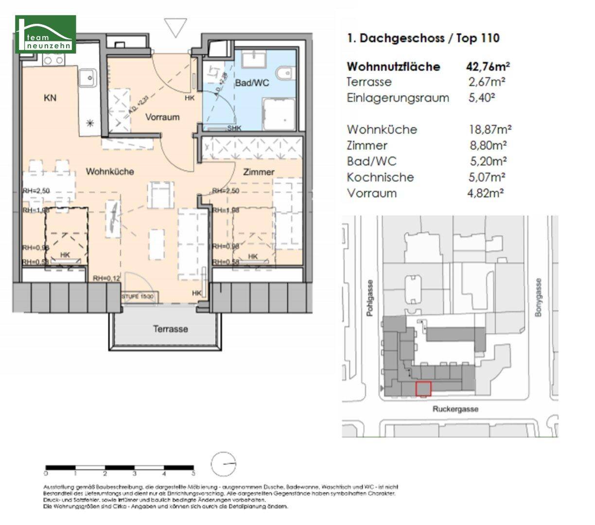 Detaillierter Grundriss des Dachgeschosses mit Wohnküche, Zimmern, Bad/WC und Terrasse.
