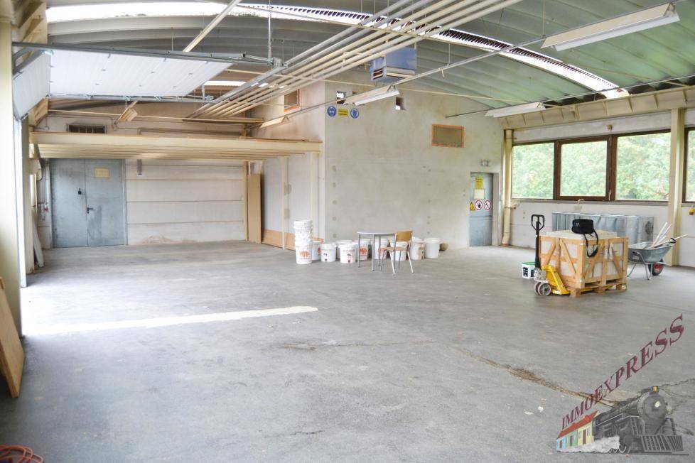 Weitläufiger Gewerberaum mit Betonboden, hohen Decken und industrieller Beleuchtung, ideal für verschiedene Nutzungen.