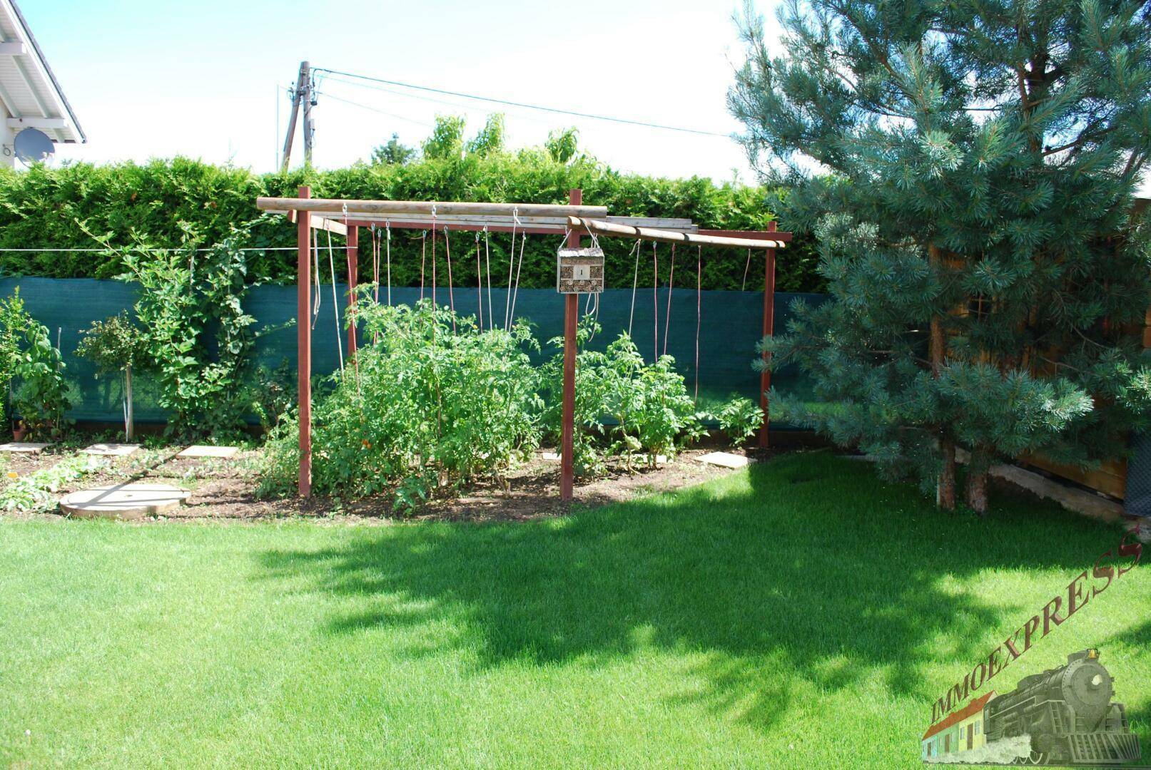 Garten mit Rasenfläche, hohen Bäumen und einem Bereich für den Anbau von Gemüse.