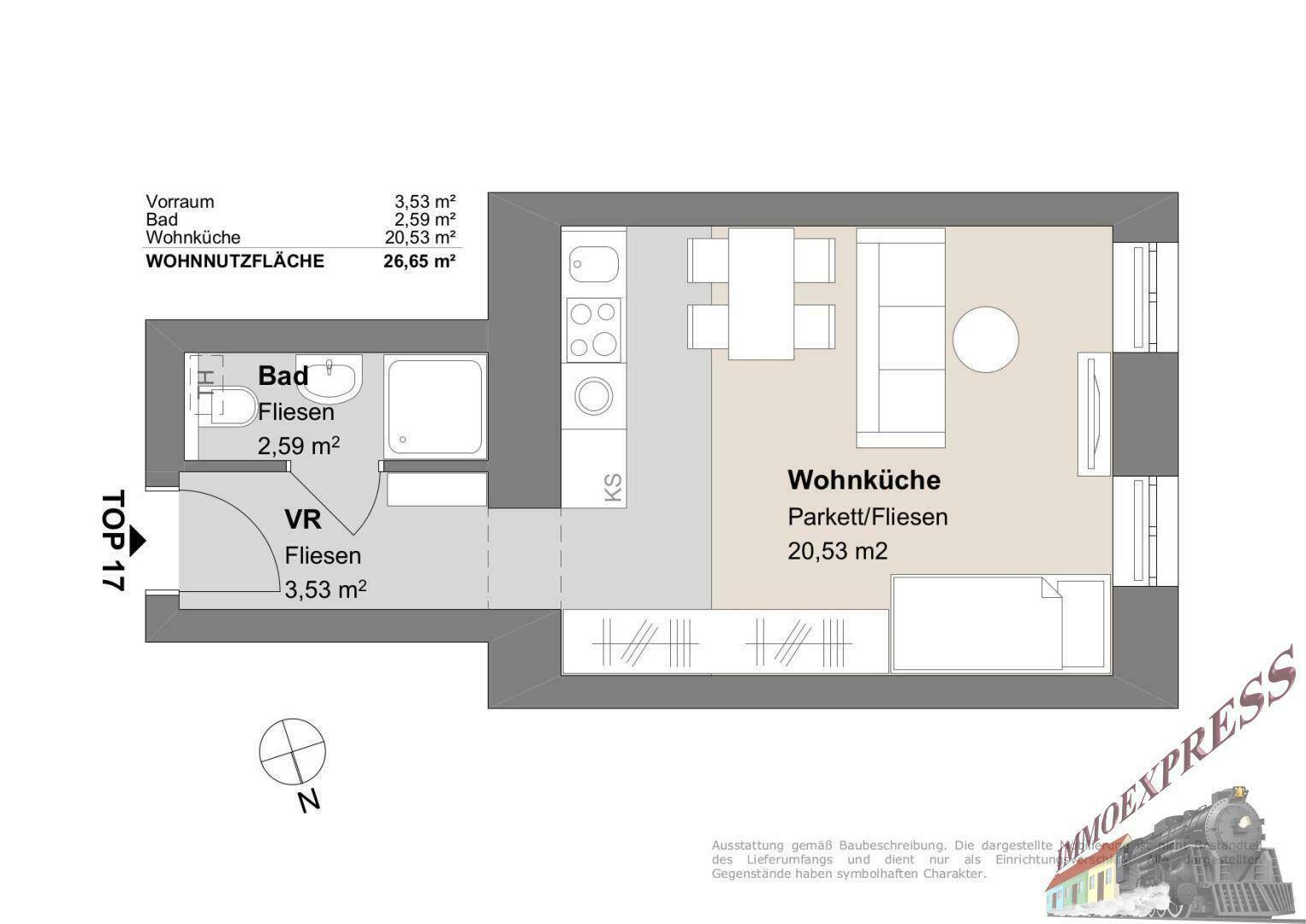 Grundriss einer Wohnung mit Wohnküche, Bad und Vorraum, inklusive Flächenangaben.