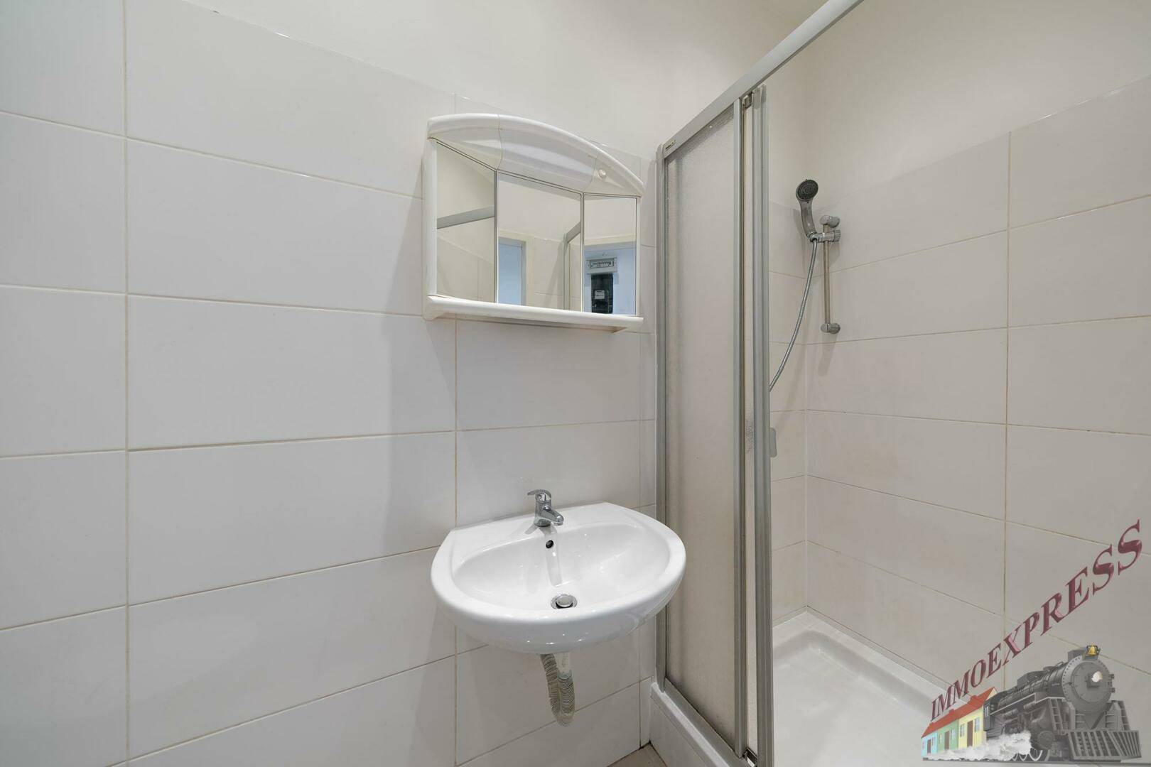 Funktionales Badezimmer mit Waschbecken, Spiegelschrank und Duschkabine.
