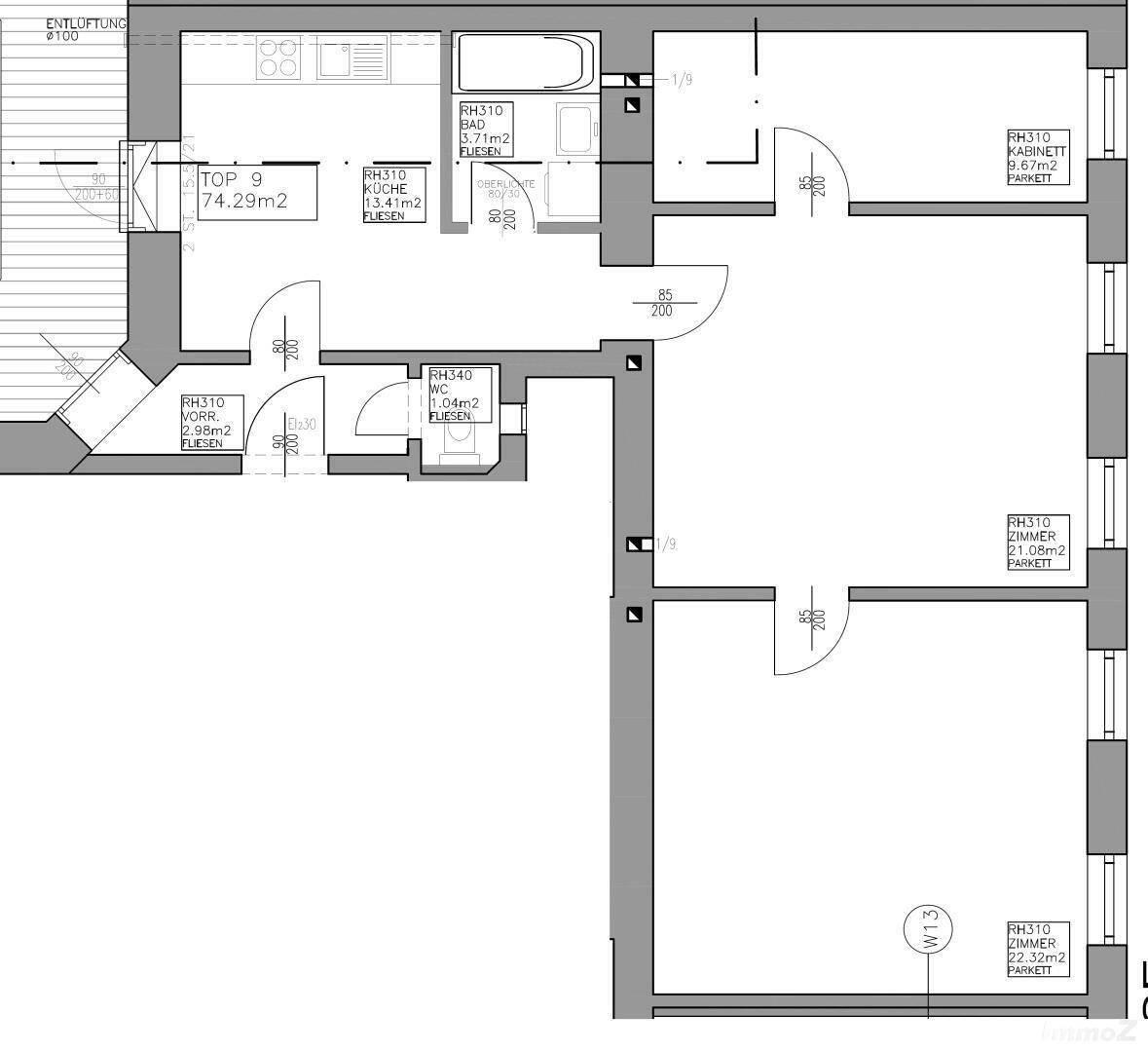 Grundriss der Wohnung mit drei Zimmern, Küche, Bad und separatem WC.