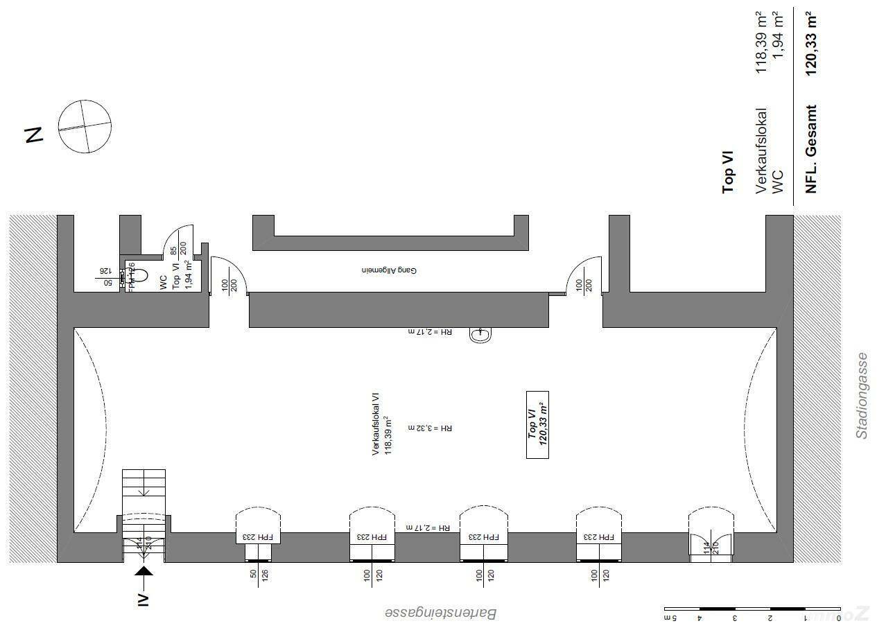 Grundriss eines Verkaufsraums mit WC und Treppenzugang, Gesamtfläche 120,33 m².
