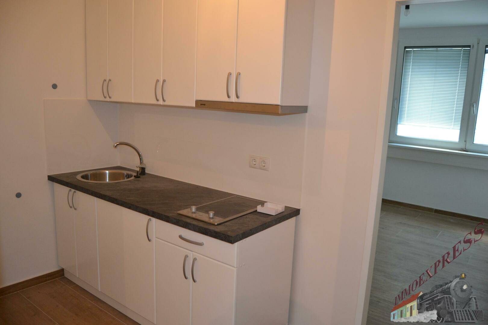 Kompakte Küchenzeile mit weißen Schränken, Spüle und Kochfeld, angrenzend an einen hellen Raum.