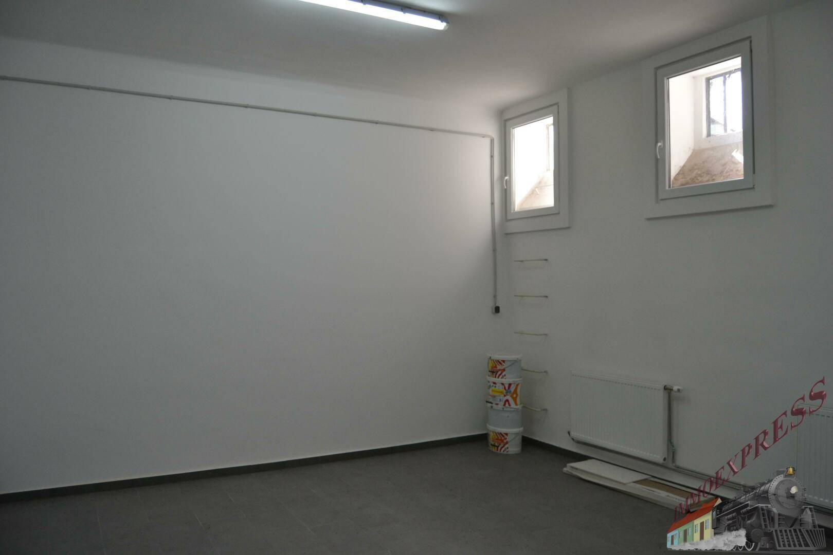 Leerer Kellerraum mit zwei Fenstern und Heizkörpern, bietet zusätzlichen Stauraum für Bewohner.