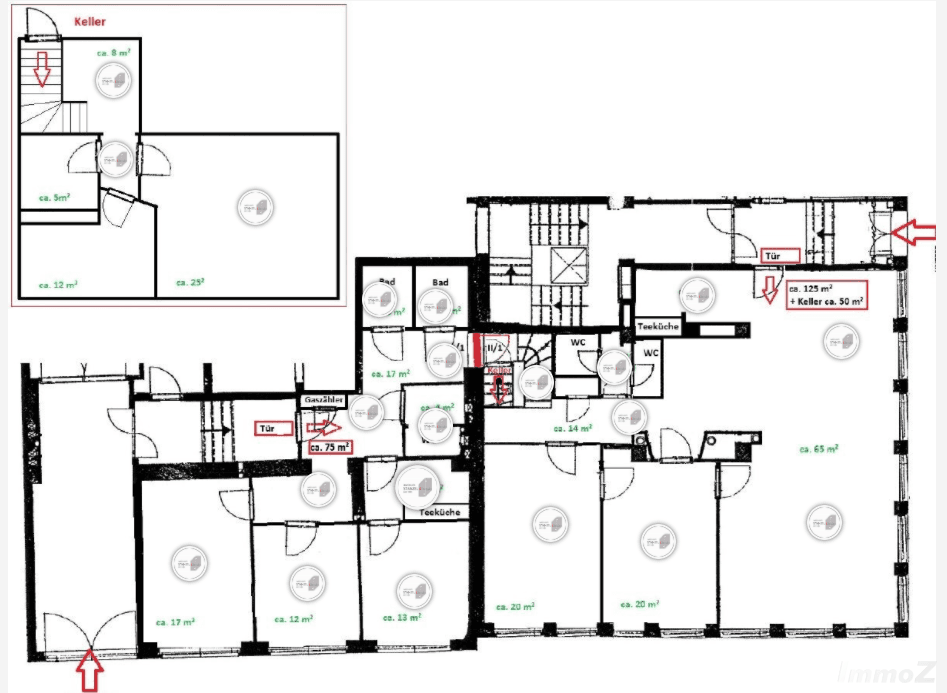 Detaillierter Grundrissplan mit verschiedenen Räumen, Flächenangaben und Kellerbereich.