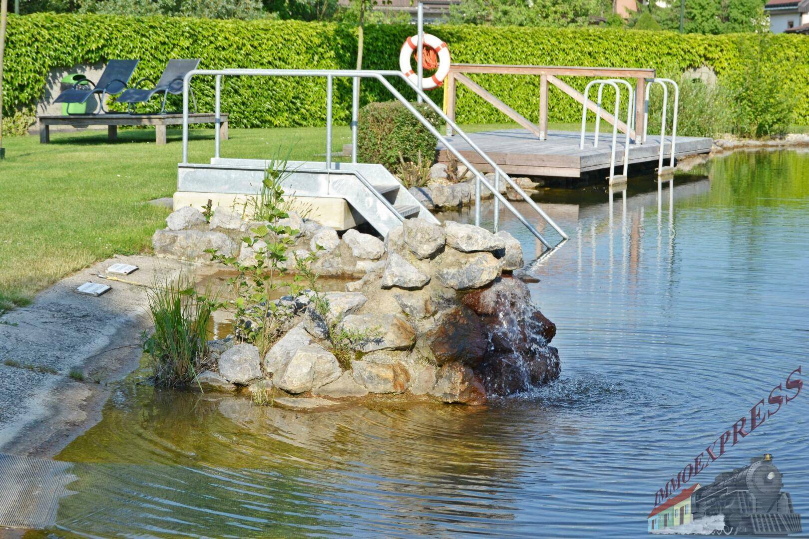 Natürlicher Schwimmteich mit Steineinfassung und Holzsteg in einer grünen Gartenanlage.