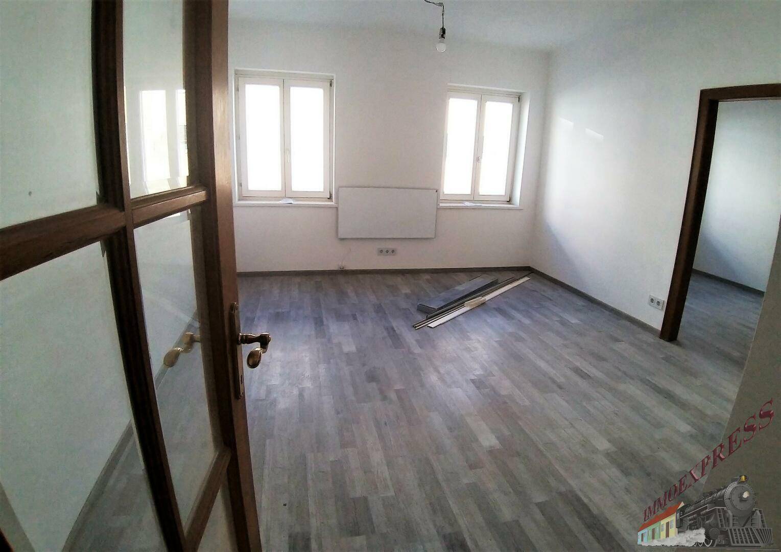 Heller, leerer Raum mit zwei Fenstern, dunklem Laminatboden und Holztürrahmen.