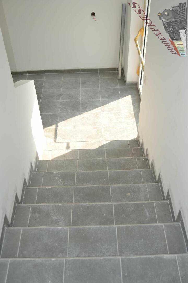 Geflieste Treppe führt nach unten, beleuchtet von natürlichem Licht, das durch eine Tür fällt.