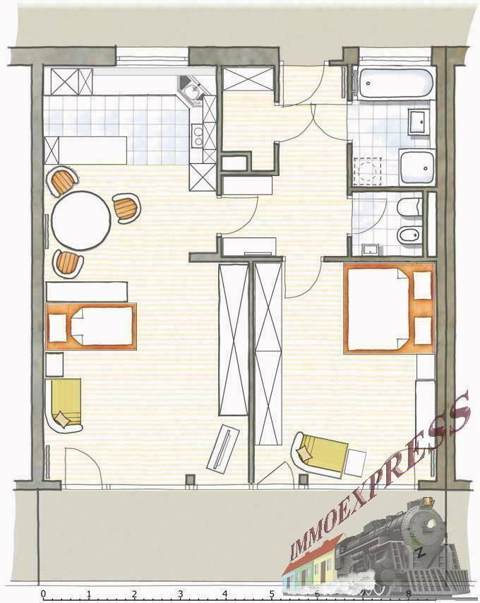 Farbiger Grundrissplan einer Wohnung mit zwei Schlafzimmern und offenem Wohnbereich.