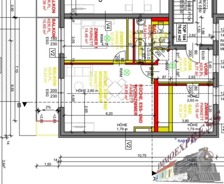 Detaillierter Grundriss einer Wohnung mit mehreren Zimmern, Balkonen und Bädern.