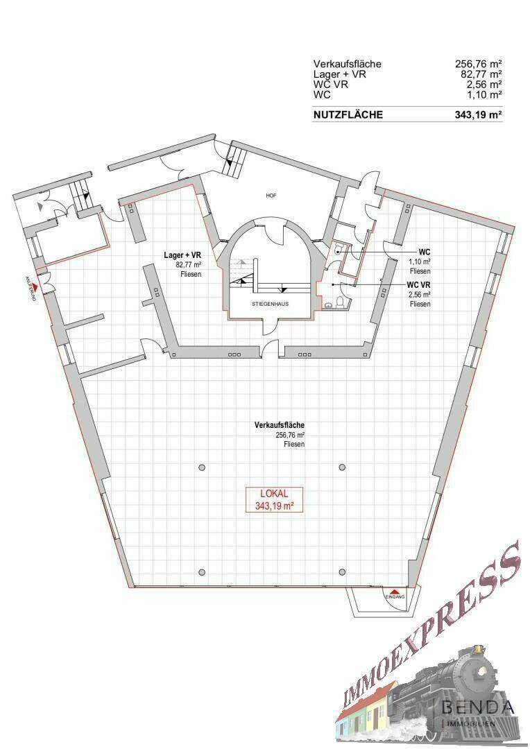 Grundriss des Geschäftsraums mit einer Nutzfläche von 343,19 m², inklusive Lager und WCs.