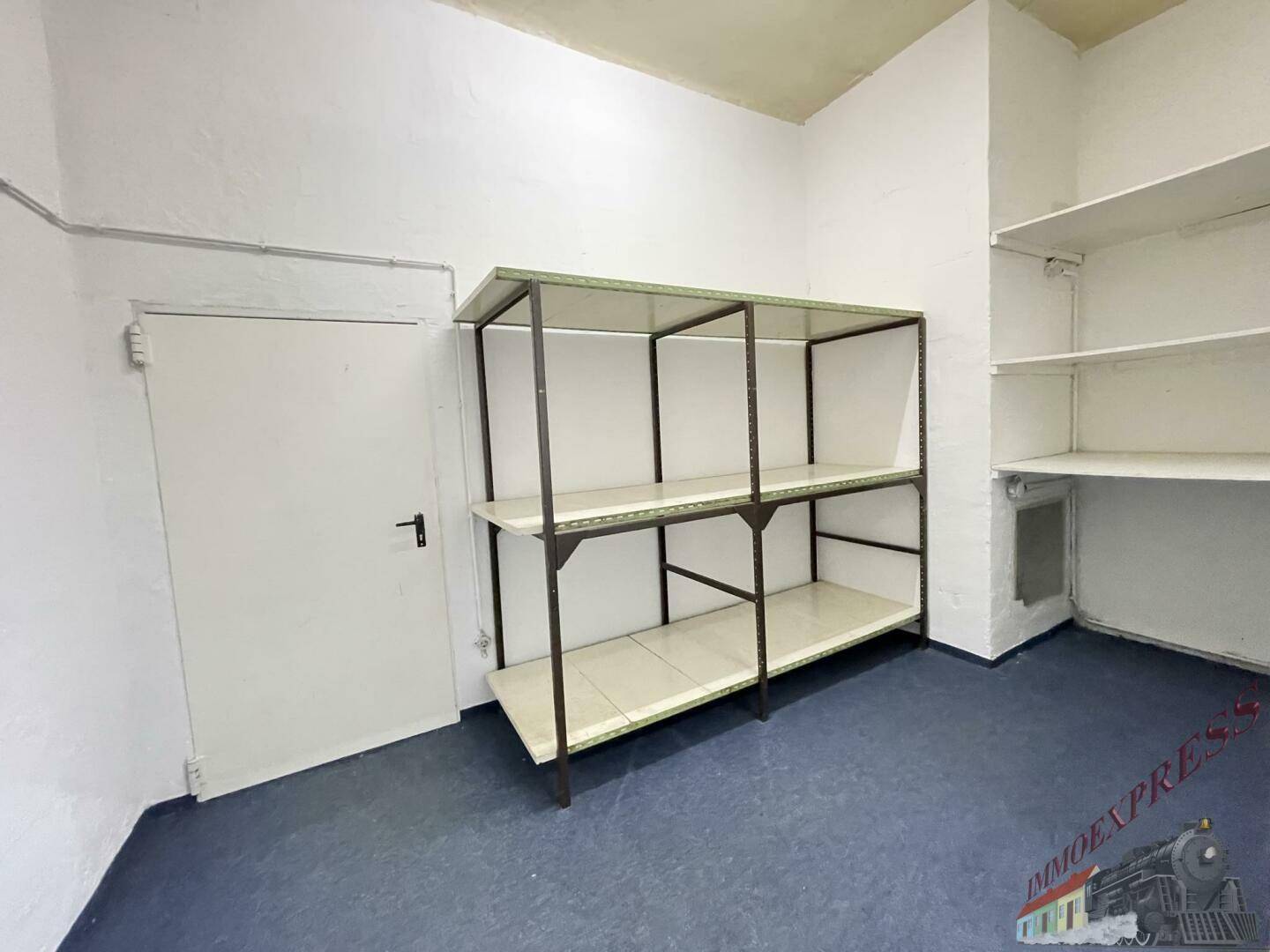 Lagerraum im Keller mit blauem Teppichboden und stabilen Metallregalen für diverse Nutzungsmöglichkeiten.