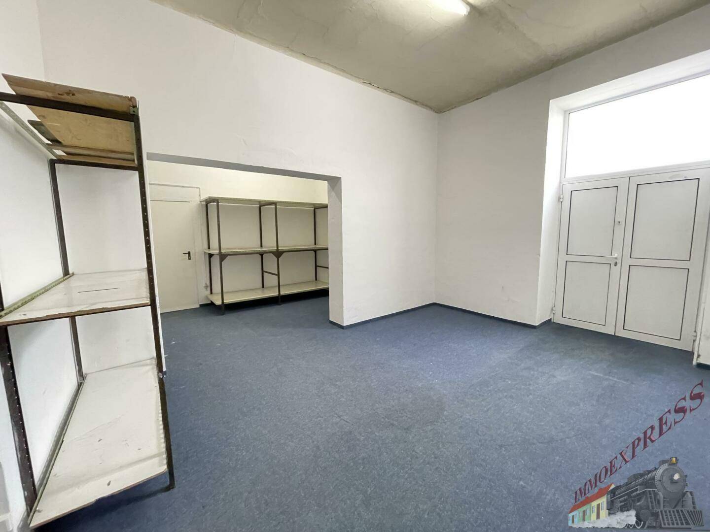 Kellerraum mit blauem Teppichboden, Regalen und einer Tür, die zu einem weiteren Bereich führt.