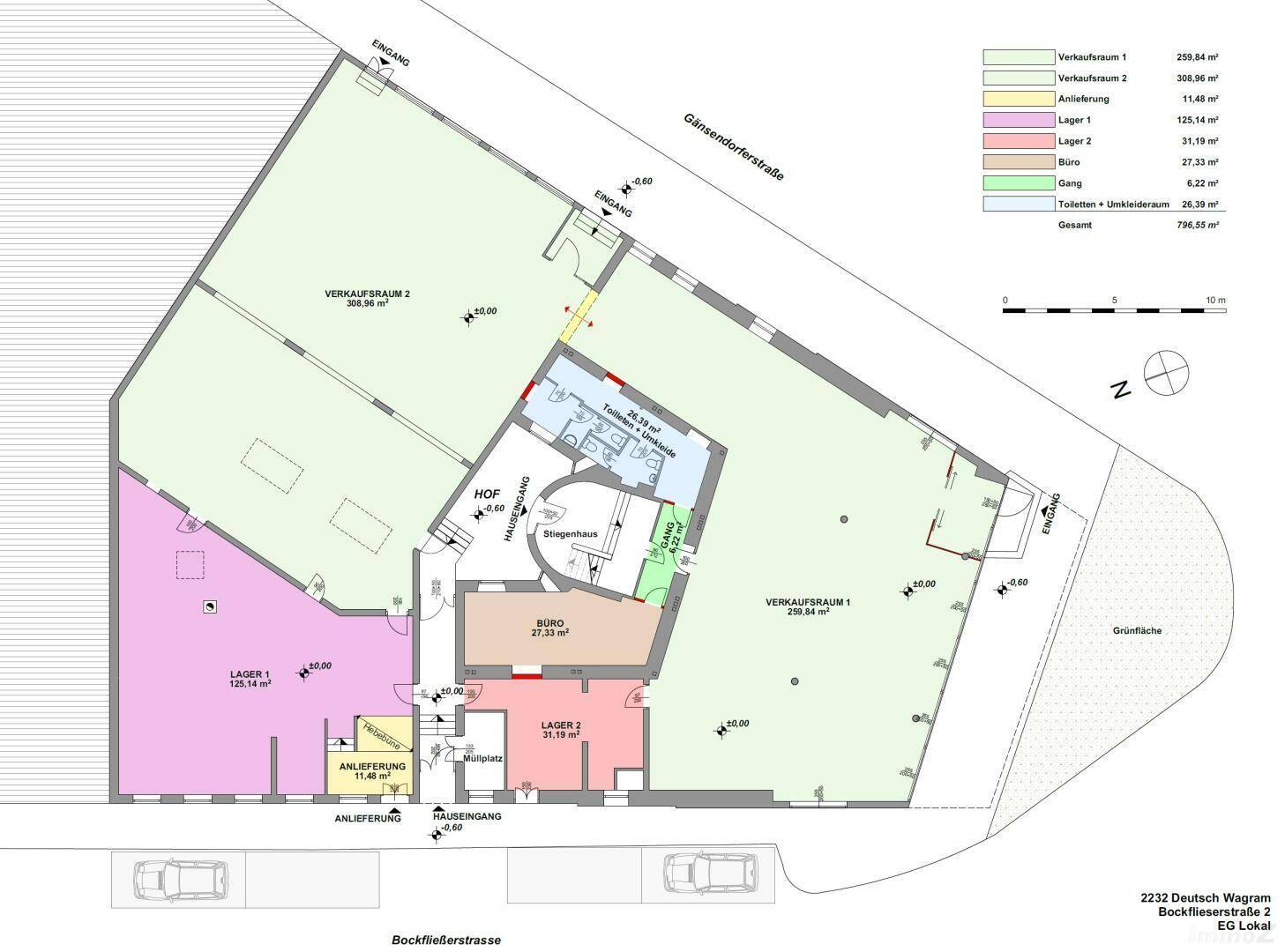 Detaillierter Grundriss des Erdgeschosses mit Verkaufsräumen, Lagerflächen, Büros und Toiletten.