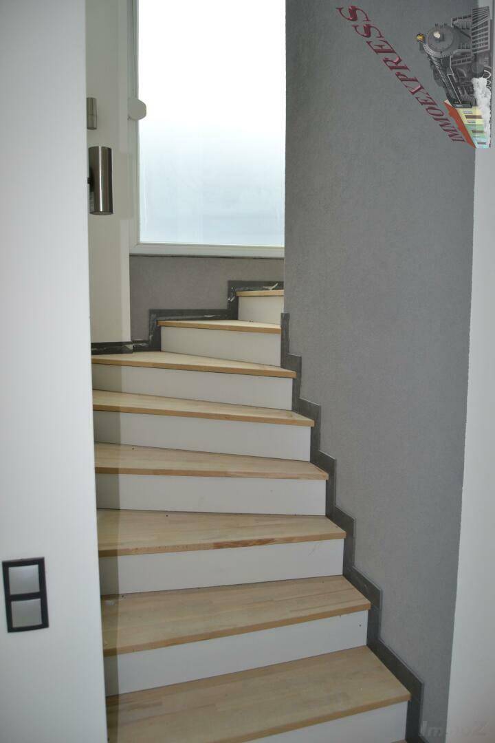 Moderne Holztreppe mit weiß gestrichenen Setzstufen und einem Oberlicht für natürliche Beleuchtung.