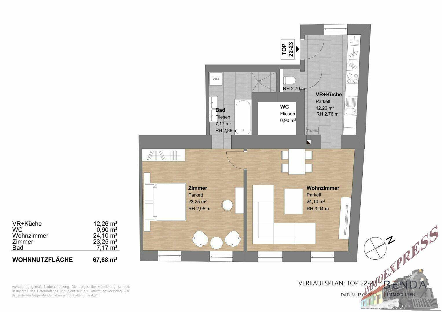 Grundriss einer Wohnung mit zwei Zimmern, Bad, separatem WC und offener Küche.