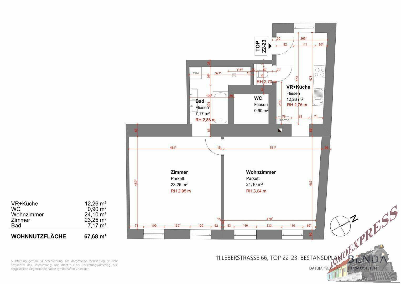 Detaillierter Grundriss einer Wohnung mit Wohnnutzfläche von 67,68 m².