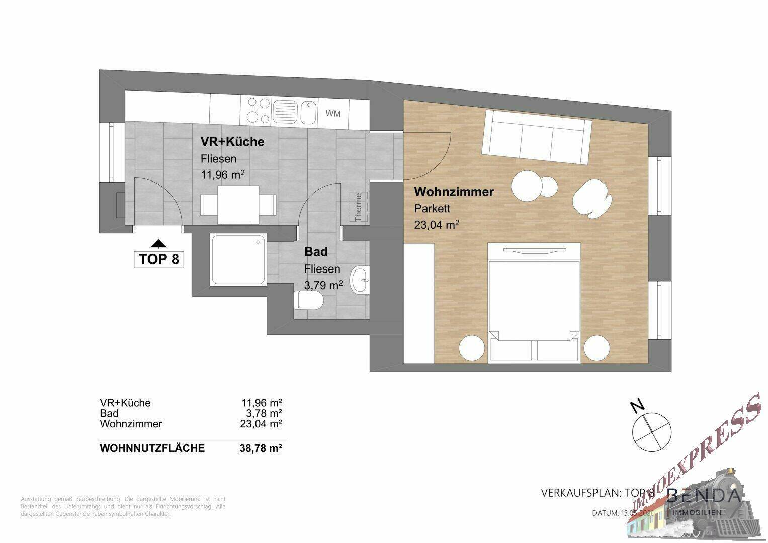 Grundriss der Wohnung mit Wohnzimmer, Küche und Bad, inklusive Flächenangaben.
