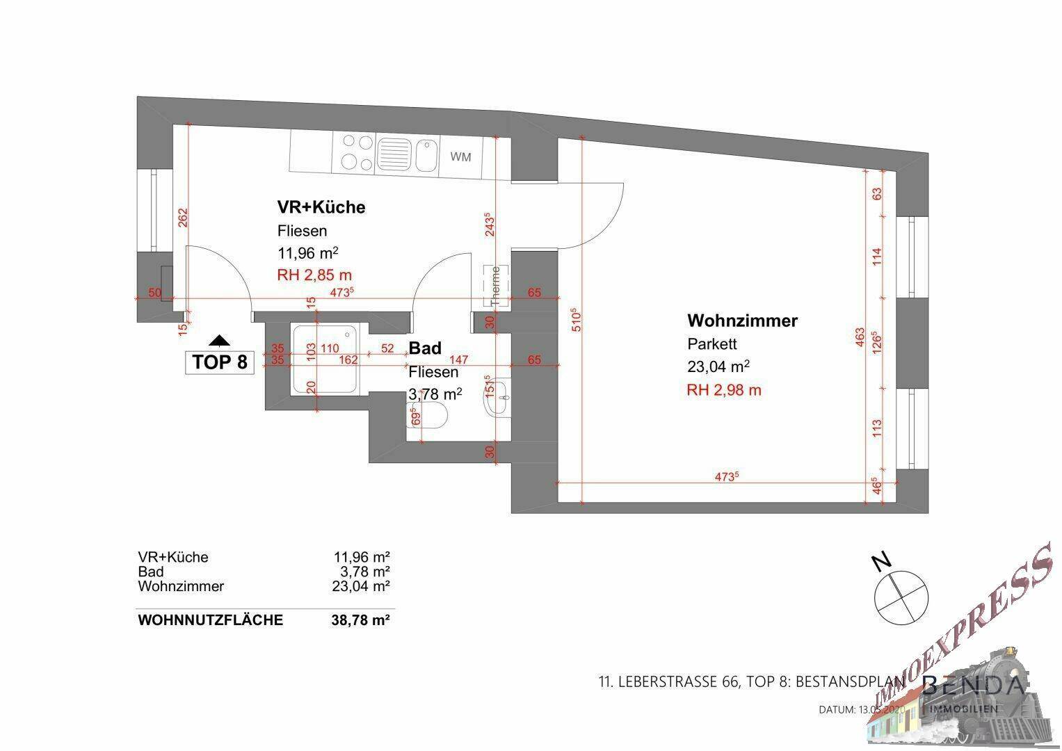 Detaillierter Grundriss der Wohnung mit Raumaufteilung und Maßen.