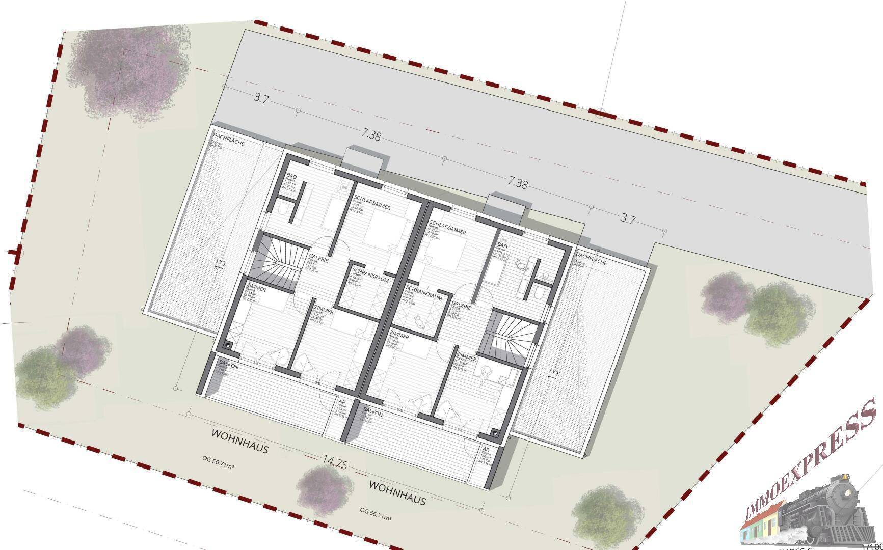 Grundriss des Obergeschosses eines Doppelhauses mit Schlafzimmern und Bädern.