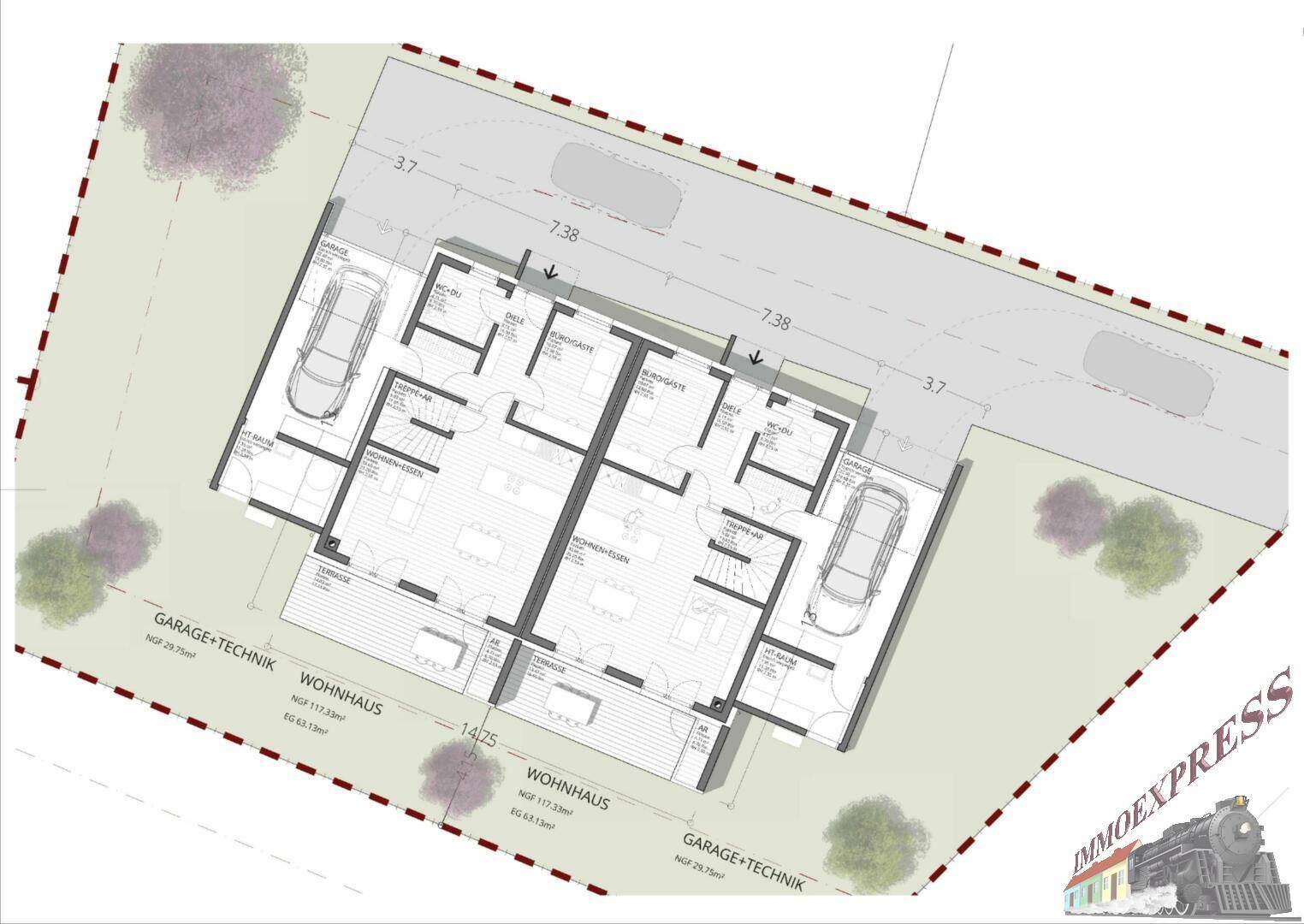 Grundriss des Erdgeschosses eines Doppelhauses mit Wohnbereich, Küche und Garagen.