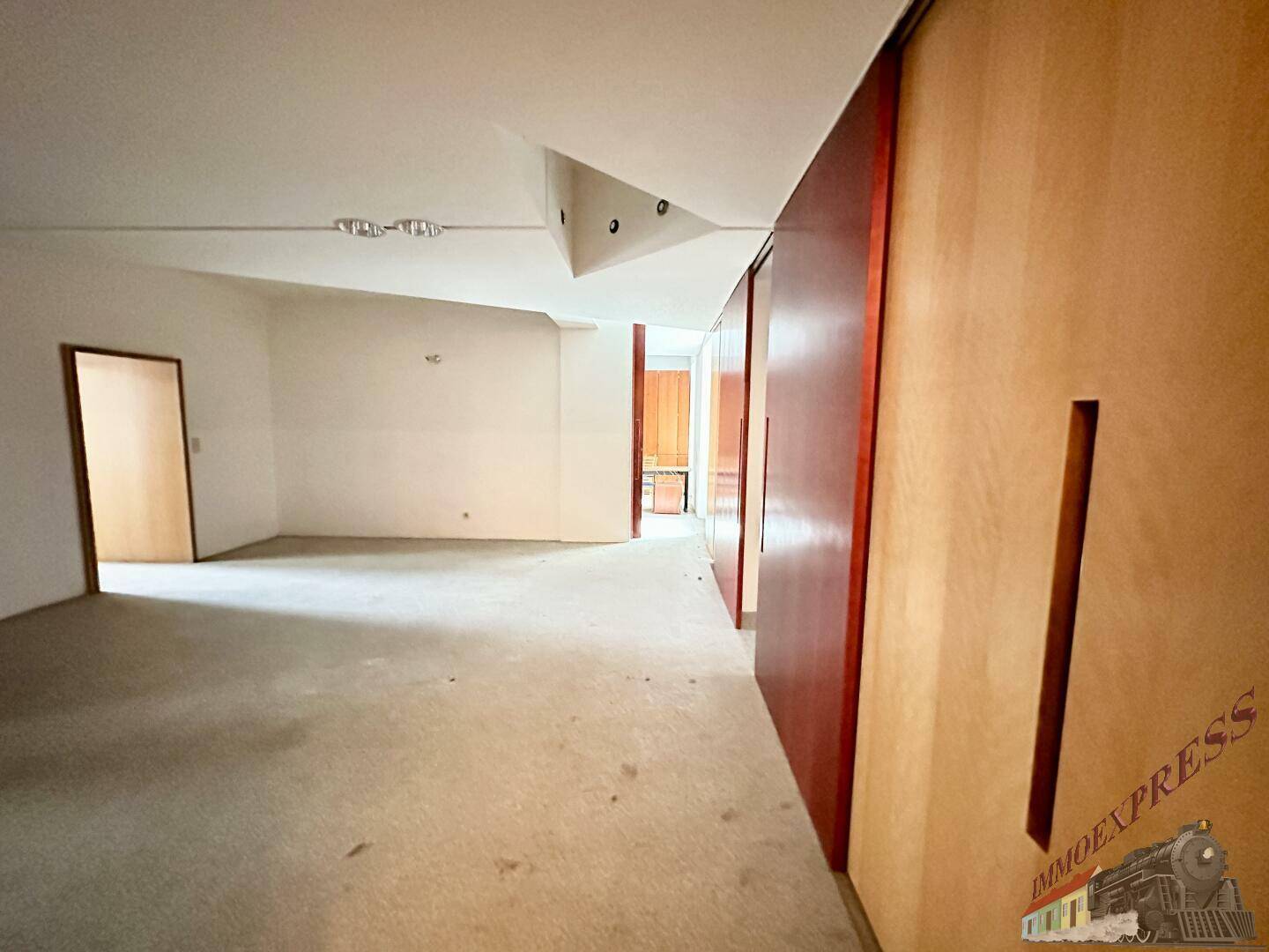 Übergangsbereich mit Schiebetüren und einem modernen Deckenlicht, führt zu weiteren Räumen.