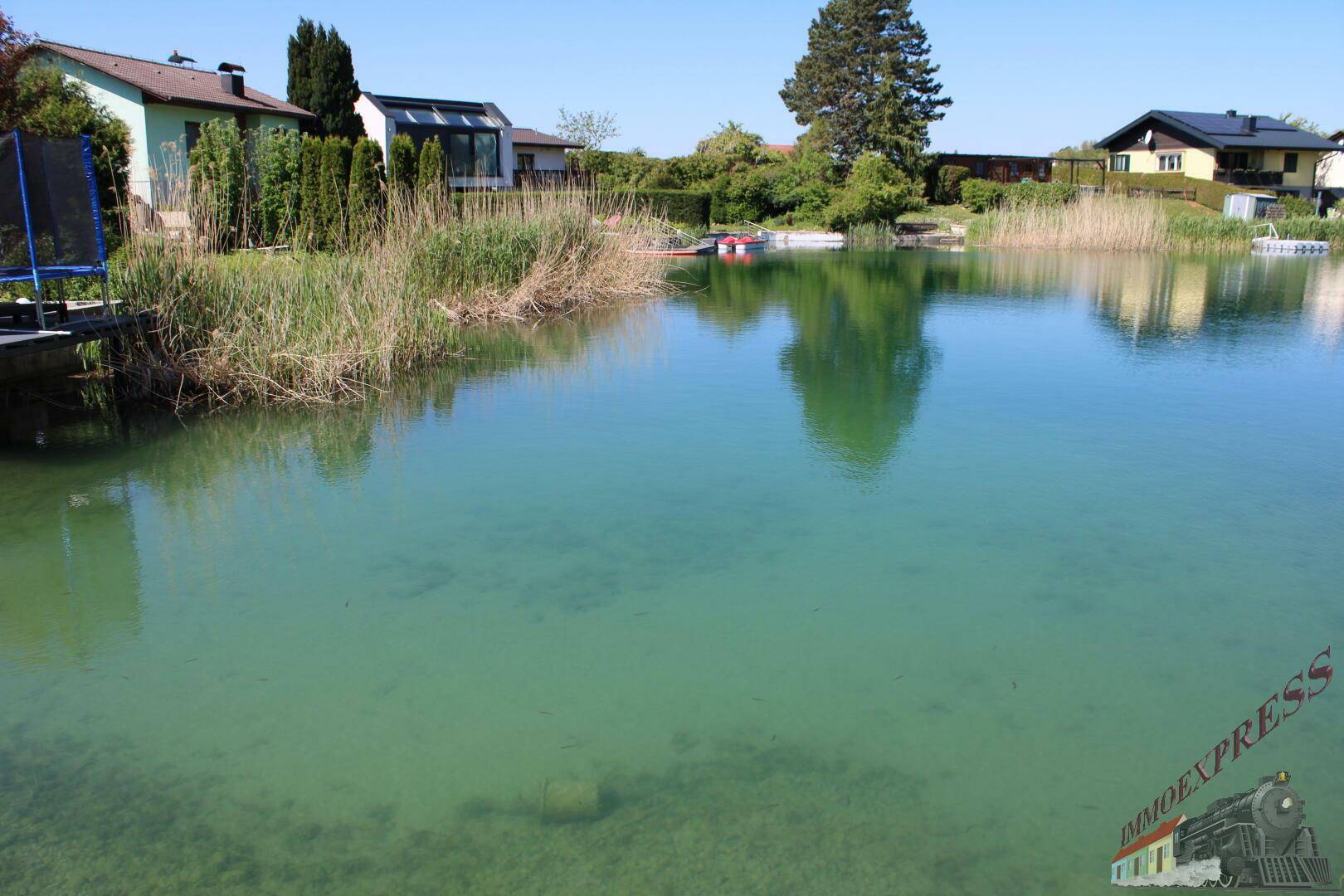 Klarer See mit Schilf am Ufer und Häusern im Hintergrund unter blauem Himmel.
