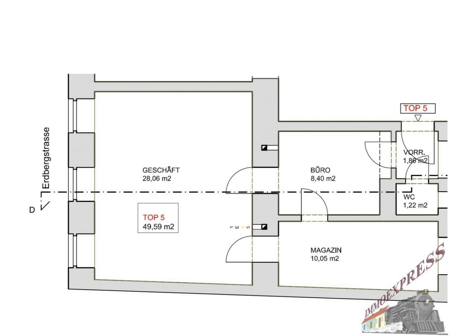 Grundrissplan einer Gewerbefläche mit Laden, Büro, Magazin und separatem WC-Bereich.