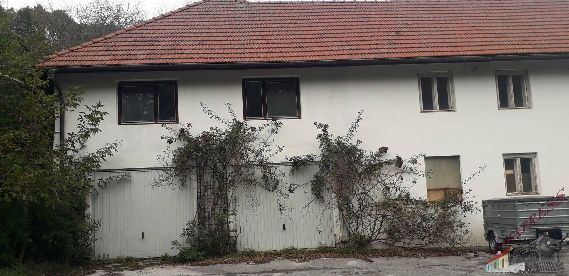 Seitenansicht des weißen Gebäudes mit zwei Garagentoren und Bewuchs an der Fassade.