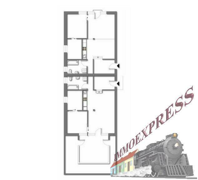 Grundriss des Apartments mit mehreren Zimmern und Bädern, zeigt die Raumaufteilung und einen Außenbereich.