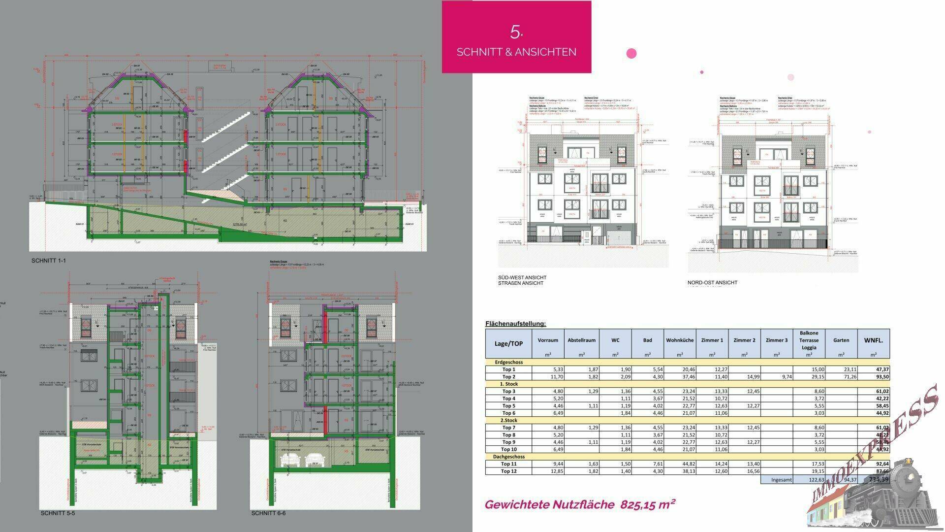 Architektonische Schnitte und Ansichten des Gebäudes mit detaillierten Maßen.