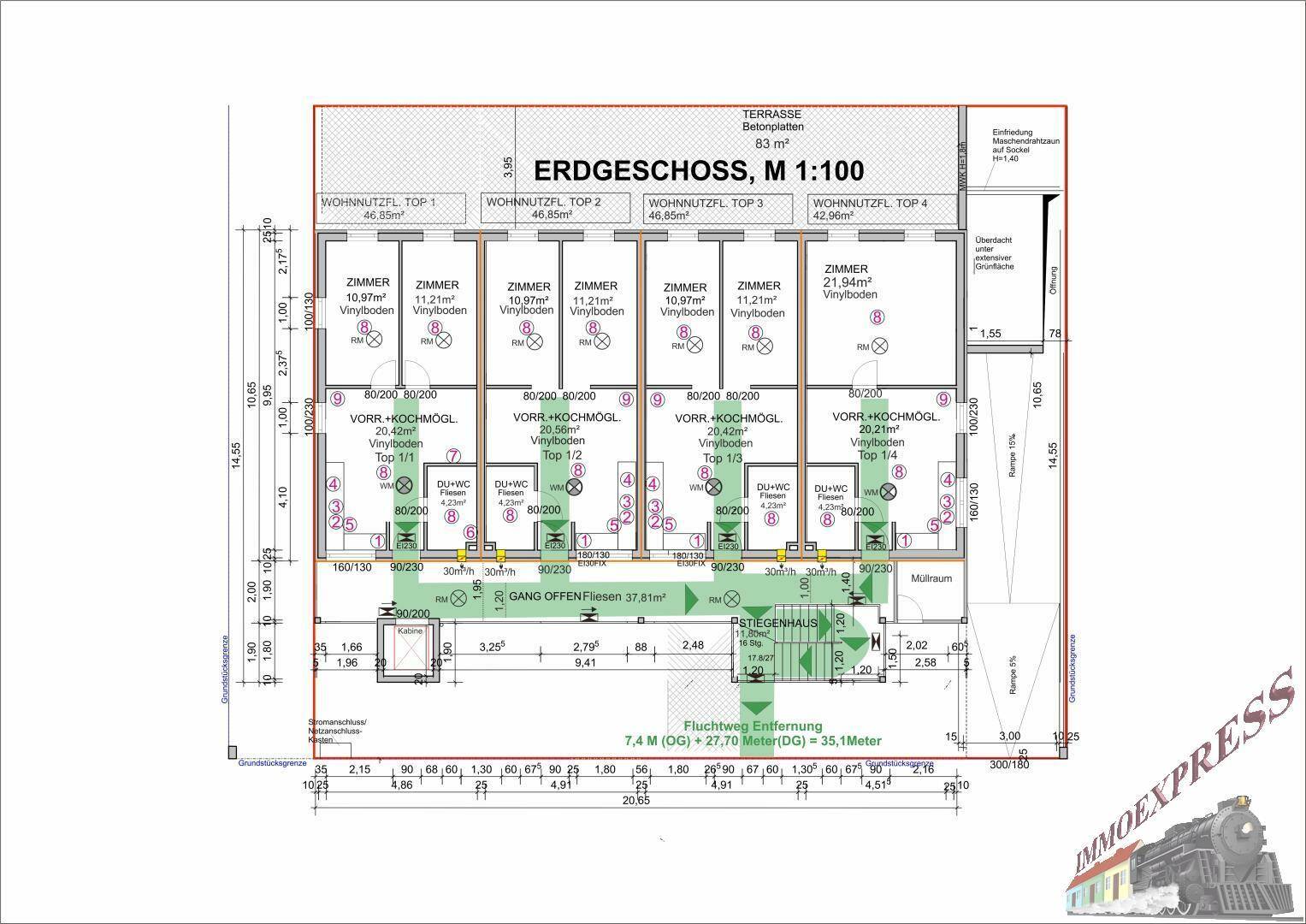 Grundriss des Erdgeschosses mit Zimmern, Bädern und Terrassenzugang.
