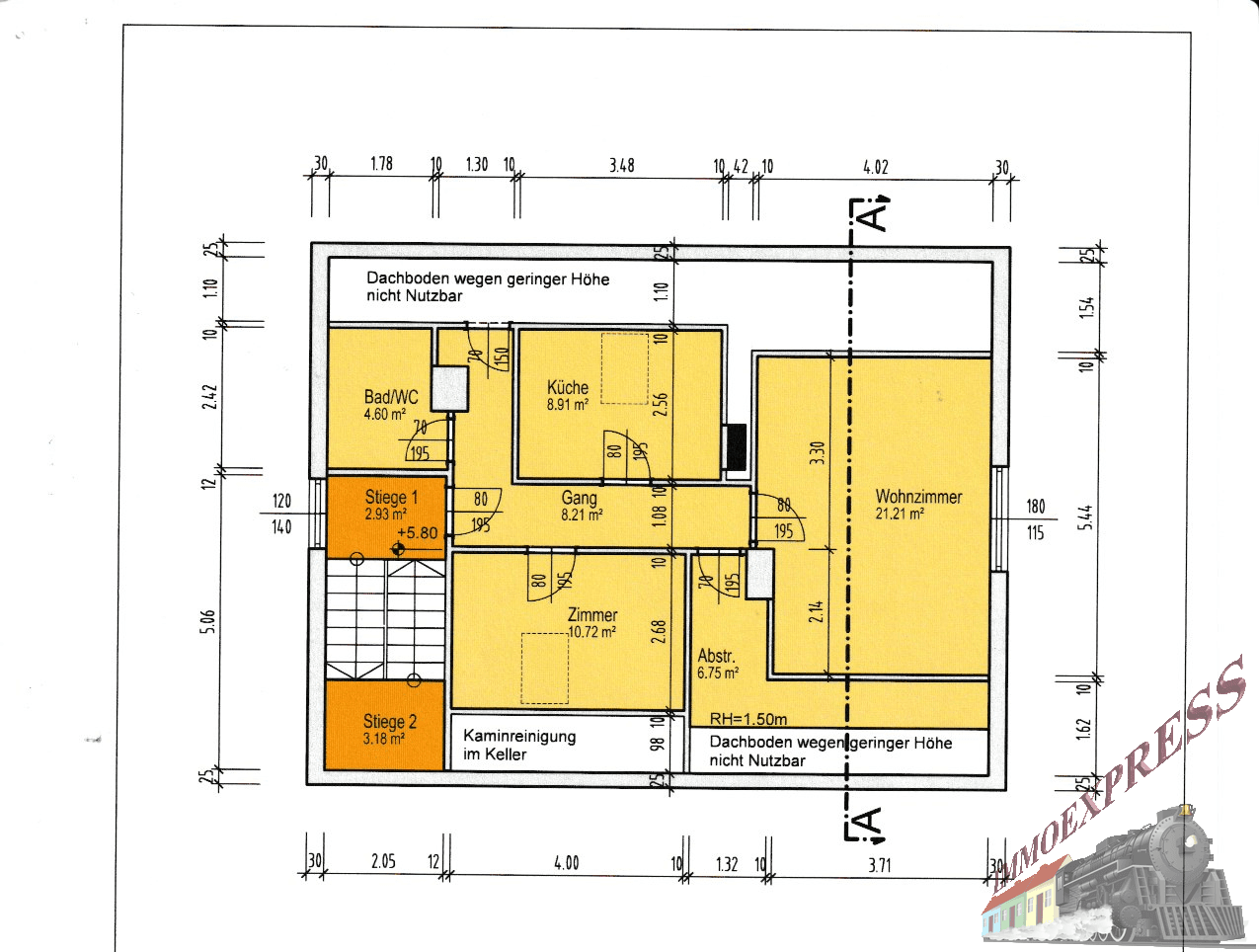Grundriss des Dachgeschosses mit Wohnzimmer, Küche und Bad/WC.