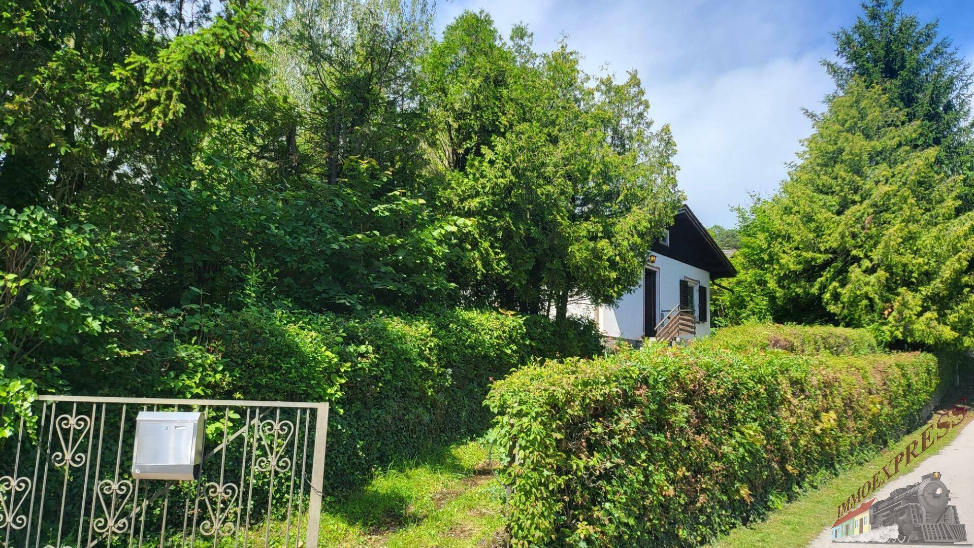 Einfamilienhaus hinter einer hohen Hecke, mit Zufahrt und Briefkasten am Zaun.